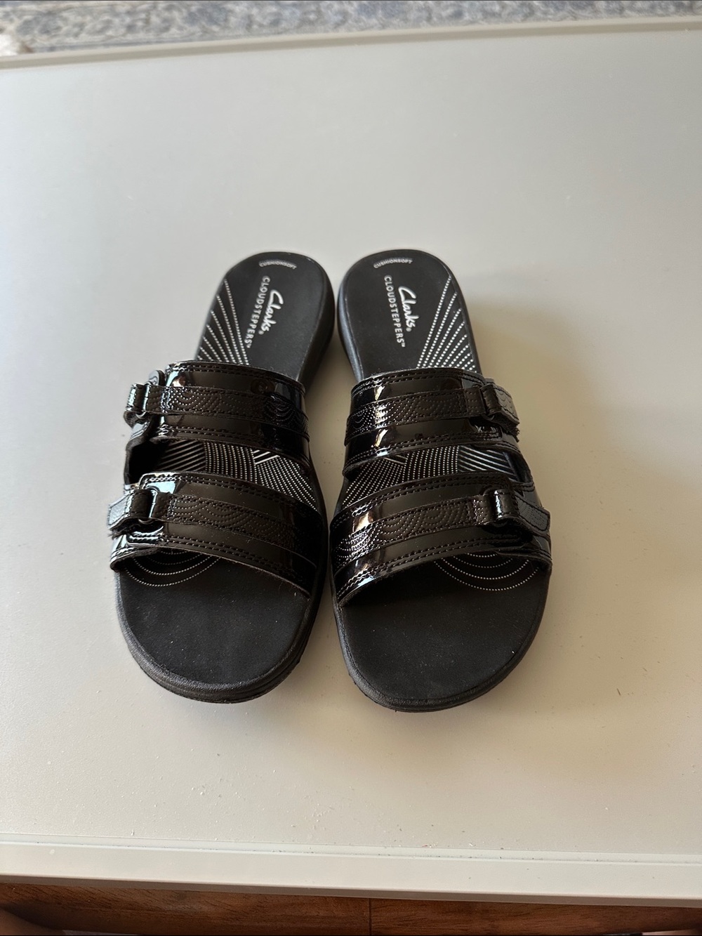 Clarks Black Patent Slide Sandals